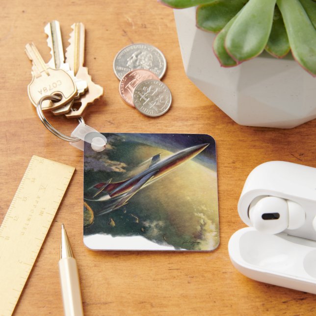 Vintage Science Fiction Rymdskepp Flygplan Jorden Nyckelring (Skrivbord)