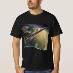 Vintage Science Fiction Rymdskepp Flygplan Jorden Tee Shirt