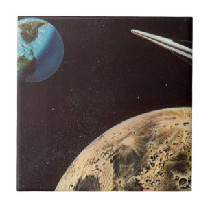 Vintage Science Fiction, rymdskepp över månen Kakelplatta