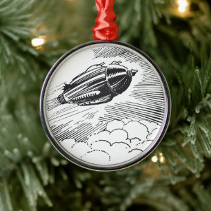 Vintage Science Fiction Rymdskepp Raket i Moln Julgransprydnad Metall