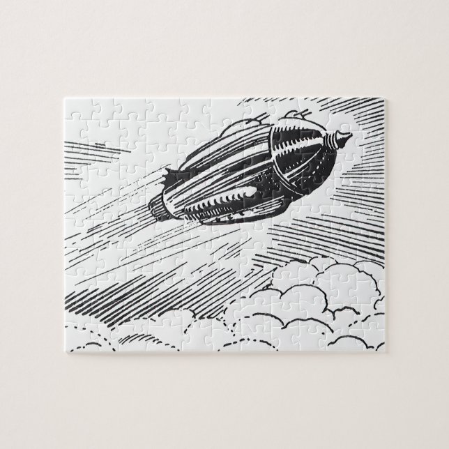 Vintage Science Fiction Rymdskepp Raket i Moln Pussel (Horisontell)