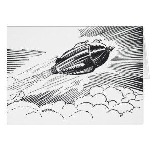 Vintage Science fiction Spaceship Rocket in Clouds Hälsningskort
