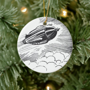 Vintage Science fiction Spaceship Rocket in Clouds Julgransprydnad Keramik