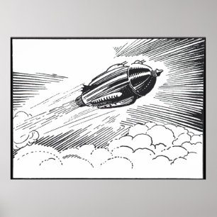 Vintage Science fiction Spaceship Rocket in Clouds Poster
