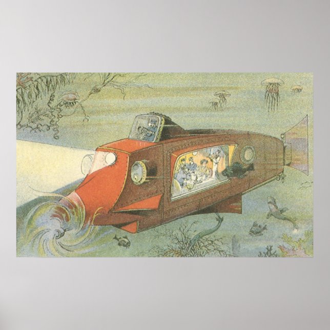 Vintage Science fiction Steampunk Submarine in Sea Poster (Framsidan)