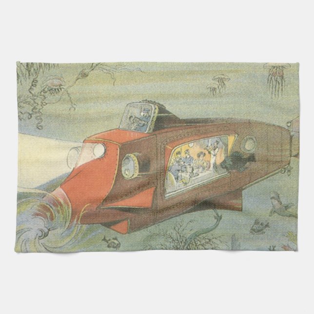 Vintage Science Fiction Steampunk-ubåt till sjöss Kökshandduk (Horisontell)