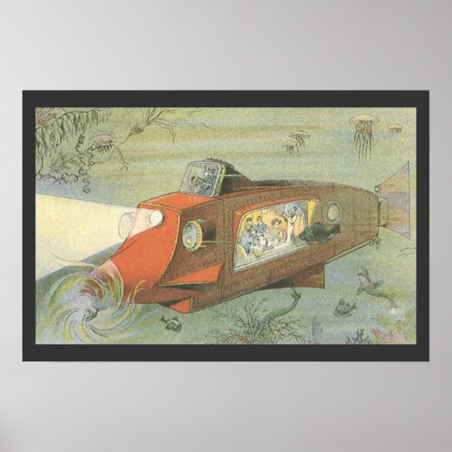 Vintage Science Fiction Steampunk-ubåt till sjöss Poster (Framsidan)