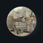 Vintage Science fiction Urban Paris, Steam Punk Knapp<br><div class="desc">Vintage illustration Viktoriansk ånga slår Science fiction futuristiska och transport metropolbild. Staden Paris,  Frankrike i framtiden med personbilsformat flygplan i stället för bilar och Gare du Nord-tunnelbanan tåg station.</div>