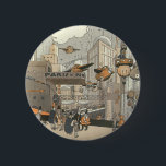 Vintage Science fiction Urban Paris, Steam Punk Knapp<br><div class="desc">Vintage illustration Viktoriansk ånga slår Science fiction futuristiska och transport metropolbild. Staden Paris,  Frankrike i framtiden med personbilsformat flygplan i stället för bilar och Gare du Nord-tunnelbanan tåg station.</div>