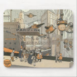 Vintage Science fiction Urban Paris, Steam Punk Musmatta<br><div class="desc">Vintage illustration Viktoriansk ånga slår Science fiction futuristiska och transport metropolbild. Staden Paris,  Frankrike i framtiden med personbilsformat flygplan i stället för bilar och Gare du Nord-tunnelbanan tåg station.</div>