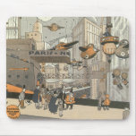 Vintage Science fiction Urban Paris, Steam Punk Musmatta<br><div class="desc">Vintage illustration Viktoriansk ånga slår Science fiction futuristiska och transport metropolbild. Staden Paris,  Frankrike i framtiden med personbilsformat flygplan i stället för bilar och Gare du Nord-tunnelbanan tåg station.</div>