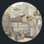 Vintage Science fiction Urban Paris, Steam Punk Runt Klistermärke<br><div class="desc">Vintage illustration Viktoriansk ånga slår Science fiction futuristiska och transport metropolbild. Staden Paris,  Frankrike i framtiden med personbilsformat flygplan i stället för bilar och Gare du Nord-tunnelbanan tåg station.</div>