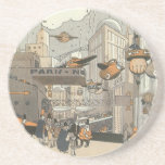 Vintage Science fiction Urban Paris, Steam Punk Underlägg Sandsten<br><div class="desc">Vintage illustration Viktoriansk ånga slår Science fiction futuristiska och transport metropolbild. Staden Paris,  Frankrike i framtiden med personbilsformat flygplan i stället för bilar och Gare du Nord-tunnelbanan tåg station.</div>