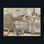 Vintage Science fiction Urban Paris, Steam Punk Vykort<br><div class="desc">Vintage illustration Viktoriansk ånga slår Science fiction futuristiska och transport metropolbild. Staden Paris,  Frankrike i framtiden med personbilsformat flygplan i stället för bilar och Gare du Nord-tunnelbanan tåg station.</div>