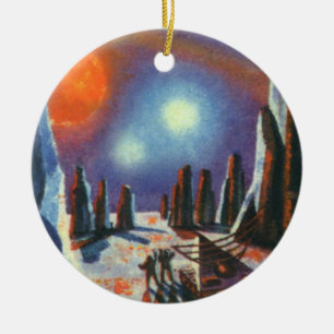 Vintage Science Fiction Utländsk Planet med Utomjo Julgransprydnad Keramik