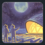 Vintage Science fiction Utomjordingar på Blue Plan Fyrkantigt Klistermärke<br><div class="desc">Vintage illustrerar futuristiska Science fiction utomjordingar och robotar i rymden. En klassisk tecknad bok-design med vänskapliga astronauter på en främmande planet eller måne på en plats där station tittar upp och viftar på jorden. Stjärnor tvillingar i himlar natten.</div>