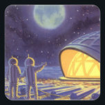 Vintage Science fiction Utomjordingar på Blue Plan Fyrkantigt Klistermärke<br><div class="desc">Vintage illustrerar futuristiska Science fiction utomjordingar och robotar i rymden. En klassisk tecknad bok-design med vänskapliga astronauter på en främmande planet eller måne på en plats där station tittar upp och viftar på jorden. Stjärnor tvillingar i himlar natten.</div>