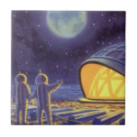 Vintage Science fiction Utomjordingar på Blue Plan Kakelplatta<br><div class="desc">Vintage illustrerar futuristiska Science fiction utomjordingar och robotar i rymden. En klassisk tecknad bok-design med vänskapliga astronauter på en främmande planet eller måne på en plats där station tittar upp och viftar på jorden. Stjärnor tvillingar i himlar natten.</div>