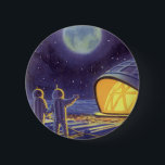 Vintage Science fiction Utomjordingar på Blue Plan Knapp<br><div class="desc">Vintage illustrerar futuristiska Science fiction utomjordingar och robotar i rymden. En klassisk tecknad bok-design med vänskapliga astronauter på en främmande planet eller måne på en plats där station tittar upp och viftar på jorden. Stjärnor tvillingar i himlar natten.</div>
