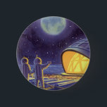 Vintage Science fiction Utomjordingar på Blue Plan Knapp<br><div class="desc">Vintage illustrerar futuristiska Science fiction utomjordingar och robotar i rymden. En klassisk tecknad bok-design med vänskapliga astronauter på en främmande planet eller måne på en plats där station tittar upp och viftar på jorden. Stjärnor tvillingar i himlar natten.</div>