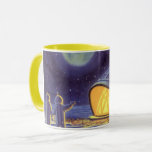 Vintage Science fiction Utomjordingar på Blue Plan Mugg<br><div class="desc">Vintage illustrerar futuristiska Science fiction utomjordingar och robotar i rymden. En klassisk tecknad bok-design med vänskapliga astronauter på en främmande planet eller måne på en plats där station tittar upp och viftar på jorden. Stjärnor tvillingar i himlar natten.</div>