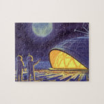 Vintage Science fiction Utomjordingar på Blue Plan Pussel<br><div class="desc">Vintage illustrerar futuristiska Science fiction utomjordingar och robotar i rymden. En klassisk tecknad bok-design med vänskapliga astronauter på en främmande planet eller måne på en plats där station tittar upp och viftar på jorden. Stjärnor tvillingar i himlar natten.</div>