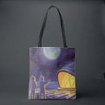 Vintage Science fiction Utomjordingar på Blue Plan Tygkasse<br><div class="desc">Vintage illustrerar futuristiska Science fiction utomjordingar och robotar i rymden. En klassisk tecknad bok-design med vänskapliga astronauter på en främmande planet eller måne på en plats där station tittar upp och viftar på jorden. Stjärnor tvillingar i himlar natten.</div>