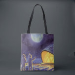 Vintage Science fiction Utomjordingar på Blue Plan Tygkasse<br><div class="desc">Vintage illustrerar futuristiska Science fiction utomjordingar och robotar i rymden. En klassisk tecknad bok-design med vänskapliga astronauter på en främmande planet eller måne på en plats där station tittar upp och viftar på jorden. Stjärnor tvillingar i himlar natten.</div>