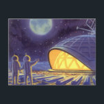 Vintage Science fiction Utomjordingar på Blue Plan Vykort<br><div class="desc">Vintage illustrerar futuristiska Science fiction utomjordingar och robotar i rymden. En klassisk tecknad bok-design med vänskapliga astronauter på en främmande planet eller måne på en plats där station tittar upp och viftar på jorden. Stjärnor tvillingar i himlar natten.</div>