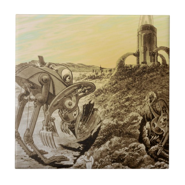 Vintage Science Fiction Utomjordingar Planet Konst Kakelplatta (Framsidan)