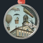 Vintage Science fiction, Victorian Steam Punk City Julgransprydnad Metall<br><div class="desc">Vintagens illustration av resor och bilden av science fiction i transport futuristiska,  som ger människor som färdas med styva,  blåsor,  luftballonger,  ett omvänt tåg och en omvänd bil i en Victoriansk ångpunk i stadsmetropolscenen.</div>