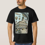 Vintage Science Fiction, Victorian Steam Punk Stad Tee Shirt<br><div class="desc">Vintage illustration resa och transport futuristisk science fiction-bild med människor som reser med luftskepp,  styrbara luftskepp,  varmluftsballonger,  ett inverterat tåg och en gammal cabriolet i en viktoriansk ångpunk retro urban stad metropol scen.</div>