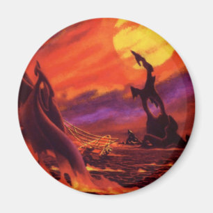 Vintage Science Fiction Vulkan Planet med röd Lava Magnet
