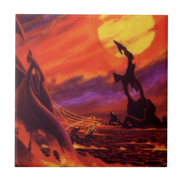 Vintage Science Fiction Vulkanplanet med röd lava Kakelplatta (Framsidan)