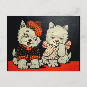 Vintage Scottie Hund and Cat Couple - Red and Blac Vykort