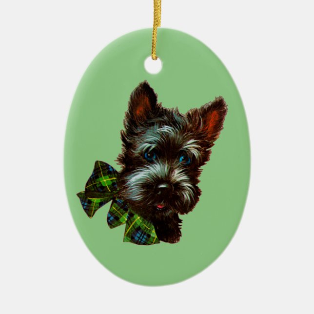 Vintage Scottie Hund Scottish Terrier & Jadeite Julgransprydnad Keramik (Framsidan)