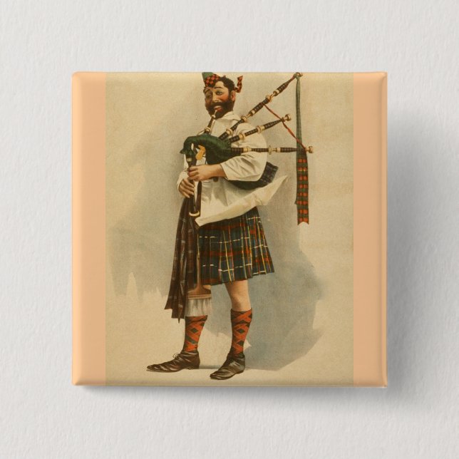 Vintage Scottish Highland BagPipe Player Kilt Man Knapp (Framsida)