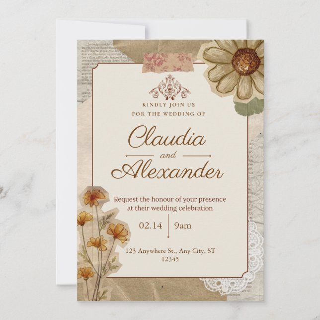 Vintage Scrapbook Botaniskt Bröllopsinbjudan Inbjudningar (Framsida)