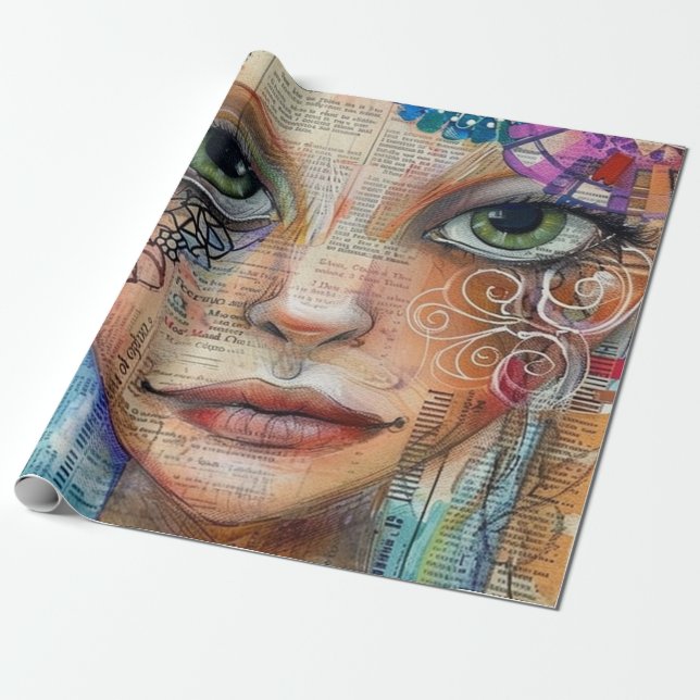 Vintage Scrapbook Collage Ansikte (3) Presentpapper (Utrullad)