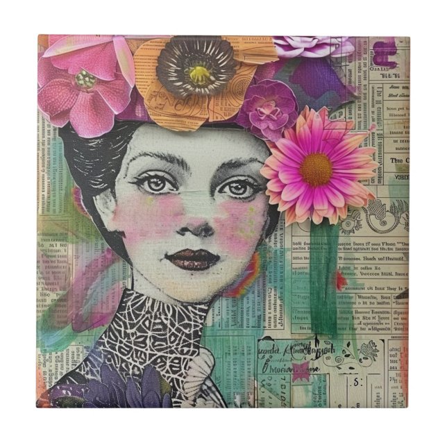 Vintage Scrapbook Collage Ansikte (5) Kakelplatta (Framsidan)