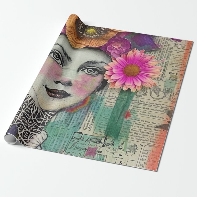 Vintage Scrapbook Collage Ansikte (5) Presentpapper (Utrullad)