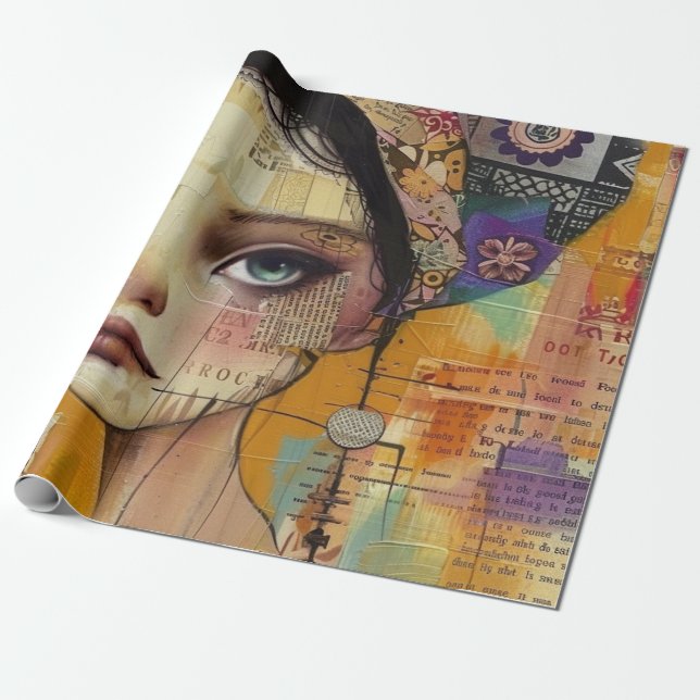 Vintage Scrapbook Kolliderat Ansikte (4) Presentpapper (Utrullad)