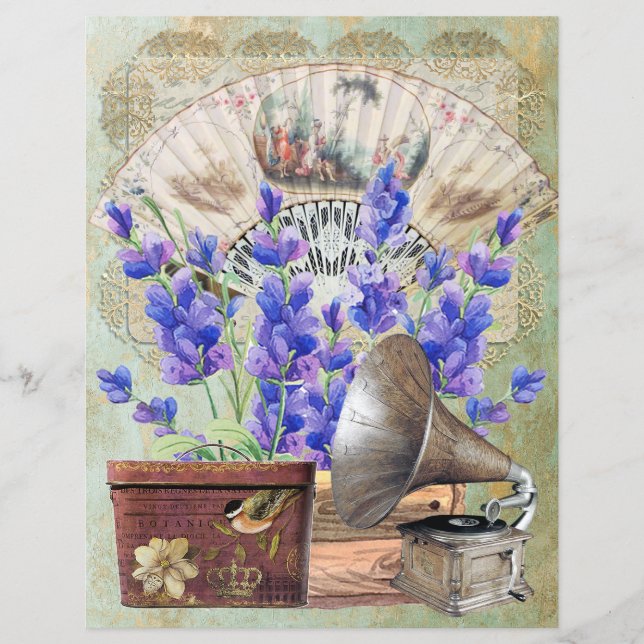 Vintage Scrapbook Lavender Snöre Fläkt Gramophone (Framsida)