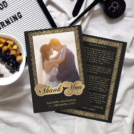 Vintage Script Black och guld Bröllop Photo Tack Kort