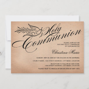Vintage Script Dove och Kor First Heliga Communion Inbjudningar
