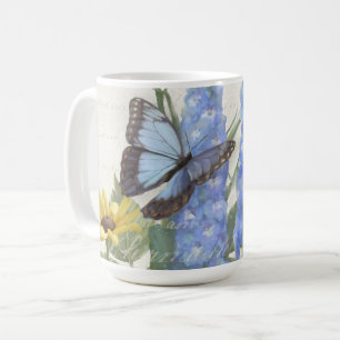Vintage Script Solrosblå Blommigt Butterfly Kaffemugg