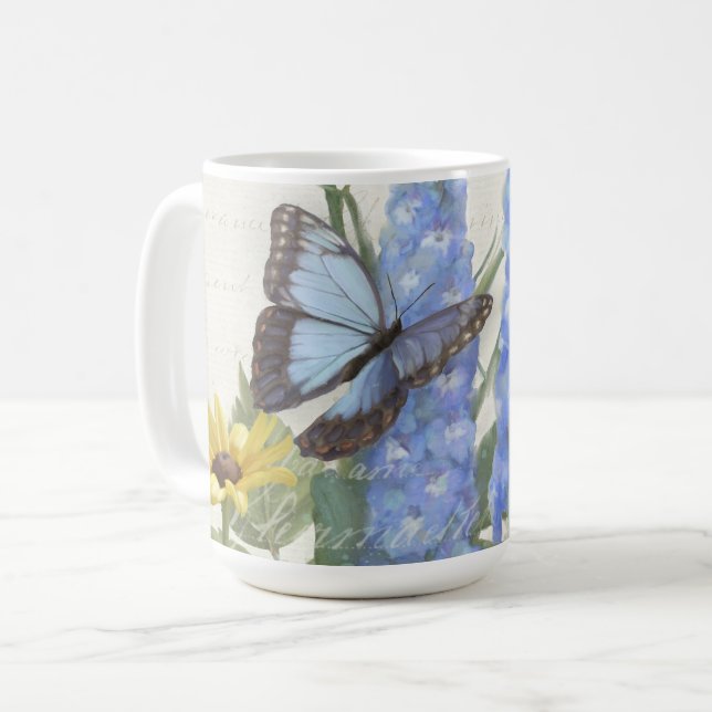 Vintage Script Solrosblå Blommigt Butterfly Kaffemugg (Framsida vänster)