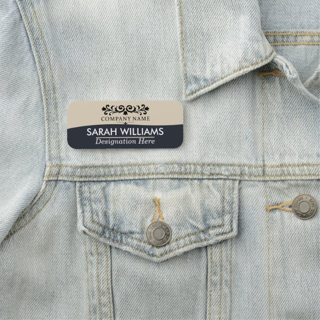 Vintage Scrollwork Tan Blå Namnskylt Namnbricka (På plats)