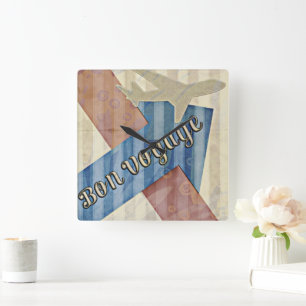 Vintage Se Beige Red & Blue Abstrakt Bon Voyage Fyrkantig Klocka
