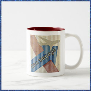 Vintage Se Beige Red & Blue Abstrakt Bon Voyage Två-Tonad Mugg